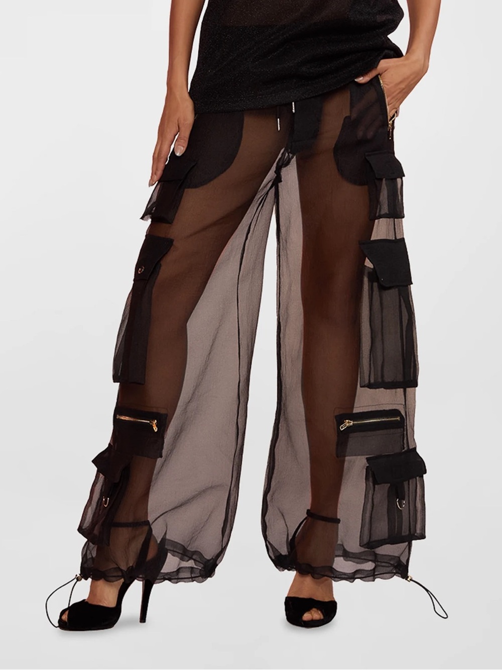 Cynthia Rowley Sheer Black Organza Wide-Leg Cargo Pants xs